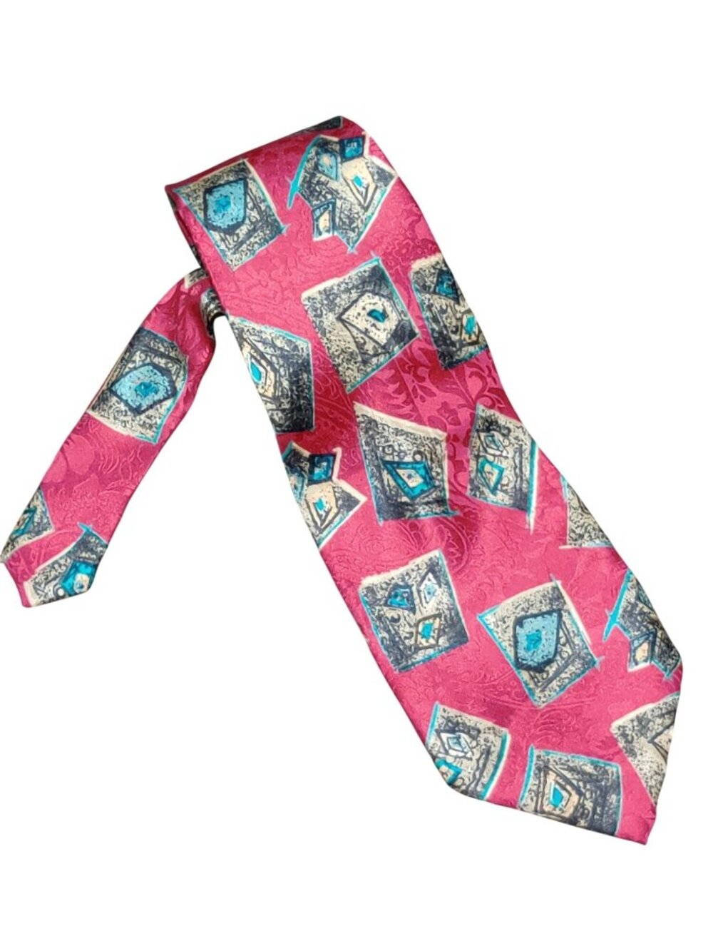 Thai Silk Necktie Red Teal Geometric Abstract Retro Tie Vintage 1980s Handmade